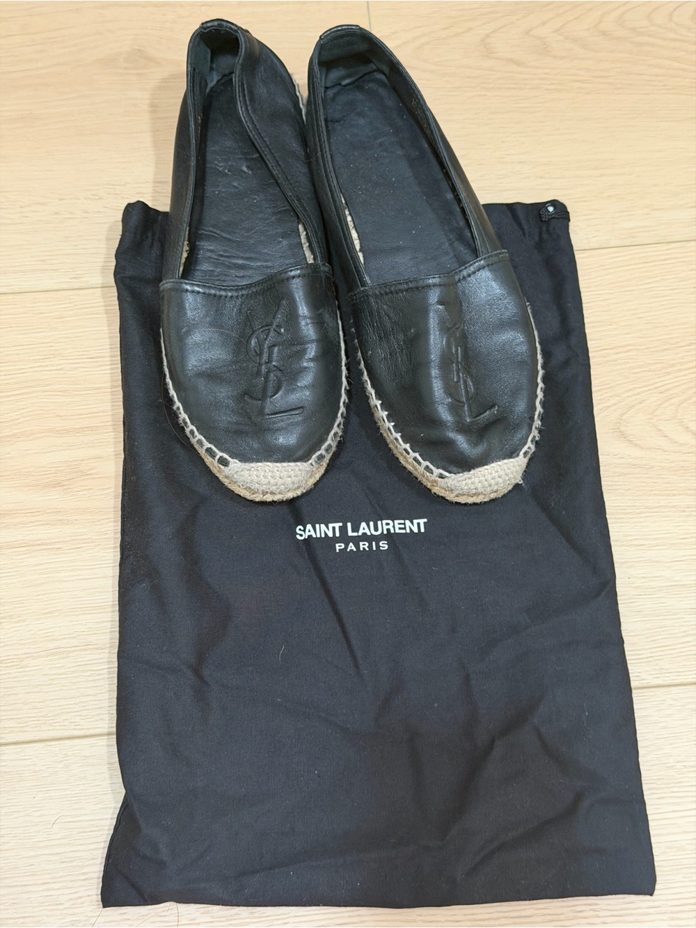 Saint Laurent Black Leather Espadrille Slip-Ons
